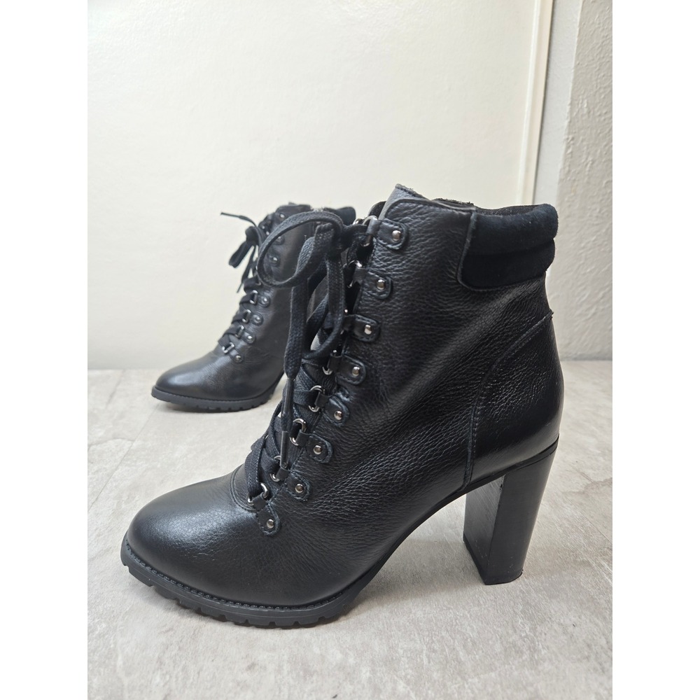 Lace Up Heeled Ankle Boot Black Leather Lug Sole Victorian Steampunk Edgy Bootie